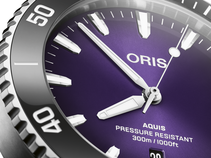 Oris Aquis Date Taste of Summer Purple Dial watch close up