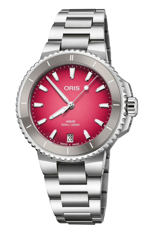 Oris Aquis Date Taste of Summer watch with a gradient sunrise pink dial and stainless-steel bracelet on a white background