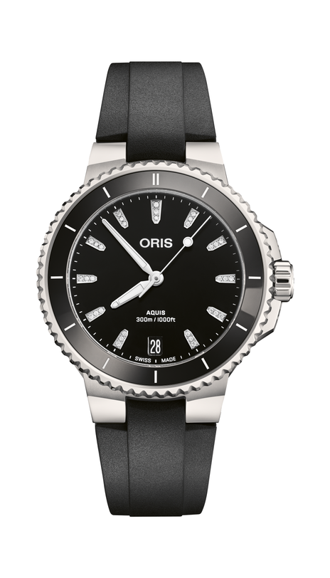 Oris Aquis Date Diamonds with a black dial and a black rubber strap