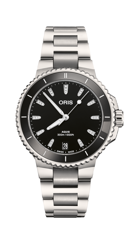 Oris Aquis Date Diamonds with a black dial and a stainless-steel bracelet