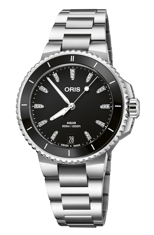 Oris Aquis Date Diamonds with a black dial and a stainless-steel bracelet