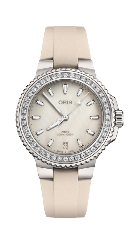 Oris Aquis Date Diamonds with cream mother of pearl dial and a rubber strap