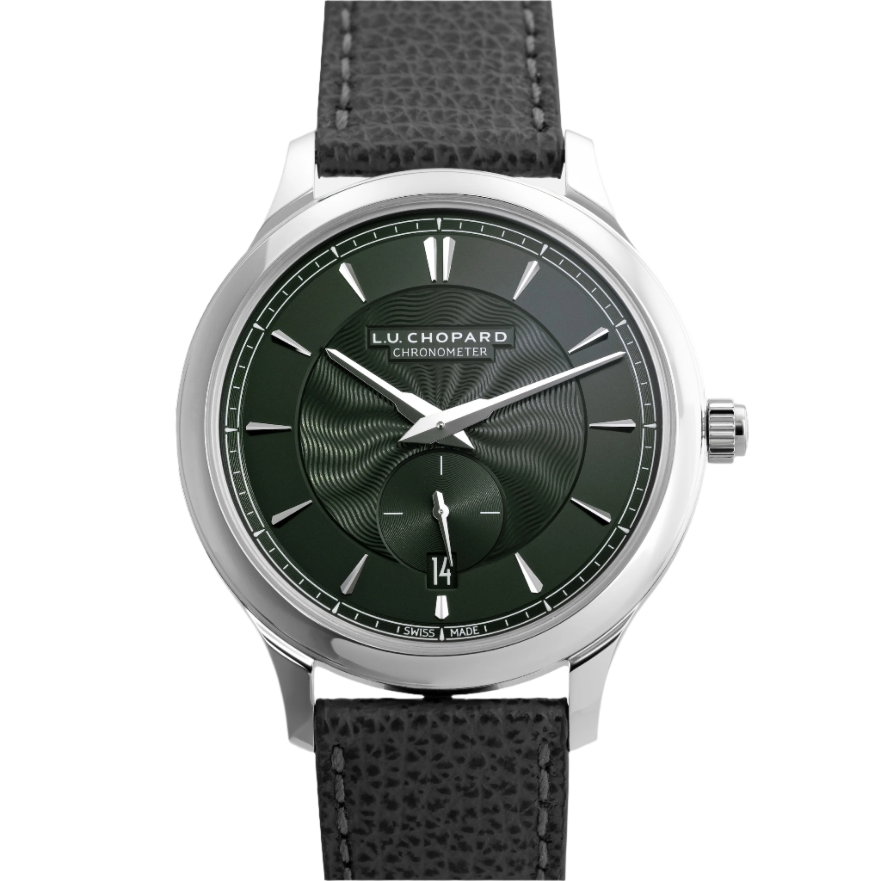 The Chopard L.U.C XPS 1860 Officer Limited Edition for Hodinkee features a white gold case, textured black guilloché dial, silver markers and hands, date at 6 oclock, and a black leather strap, displayed on a patterned background.