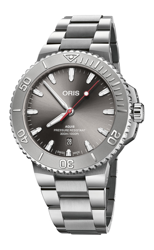 An Oris Aquis Date Relief wristwatch featuring a stainless steel case, grey dial, and silver hour markers.