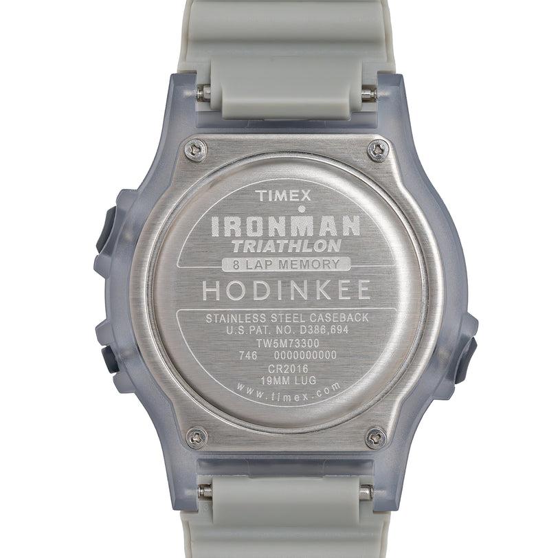 Timex Ironman Triathlon watch with gray case and band on a white background