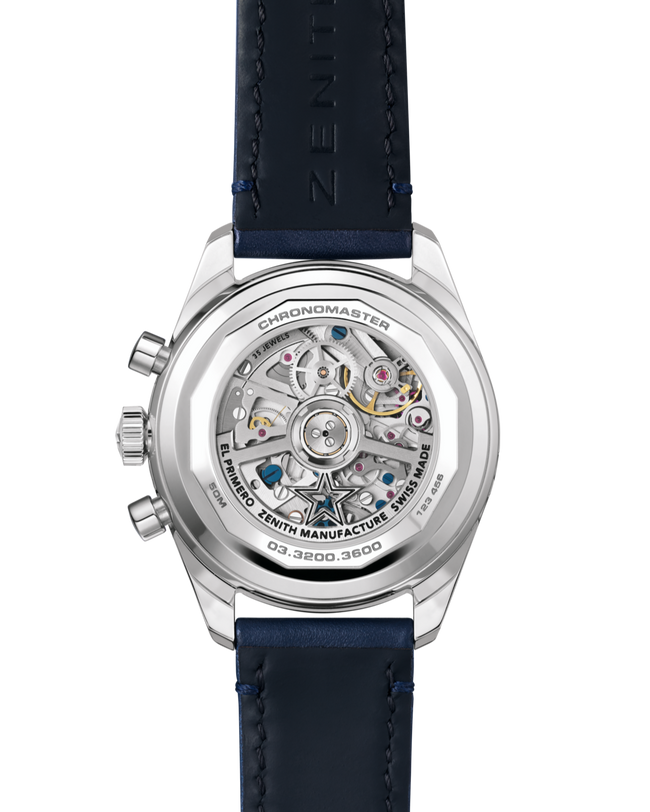 Back view of the Zenith Chronomaster Original luxury watch, displaying intricate gears and a blue leather strap.