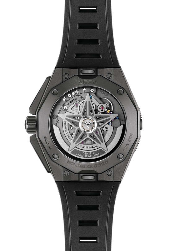 Back view of the Zenith Defy Extreme Diver wristwatch, showcasing its exposed mechanical movement and black rubber strap.