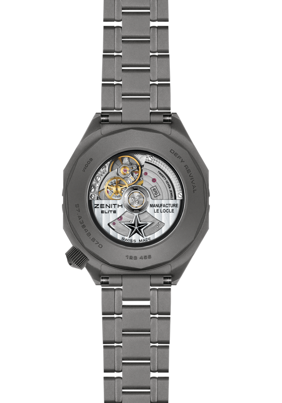 The Defy Revival by Zenith is shown from the back, revealing its exposed mechanical movement and metal bracelet.