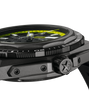 Close-up side view of the Zenith Defy Extreme Diver, a black wristwatch featuring a star on the crown and a dial with yellow accents.