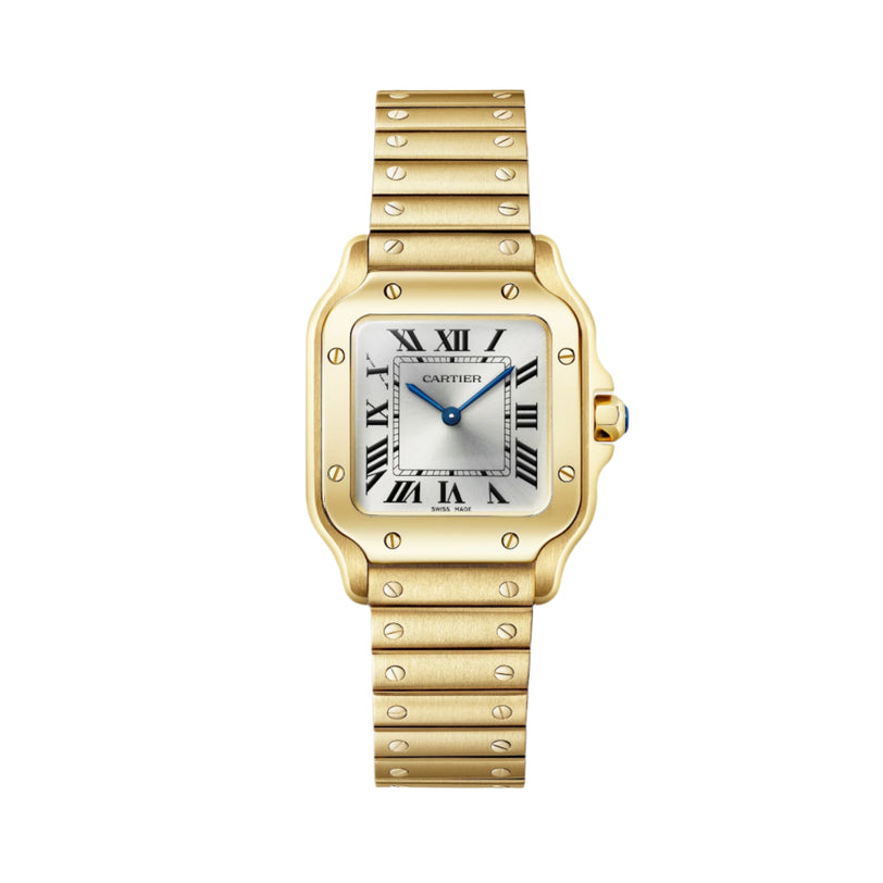Santos De Cartier Watch by Cartier featuring a square face with Roman numerals and a metal link bracelet, shown on a white background.