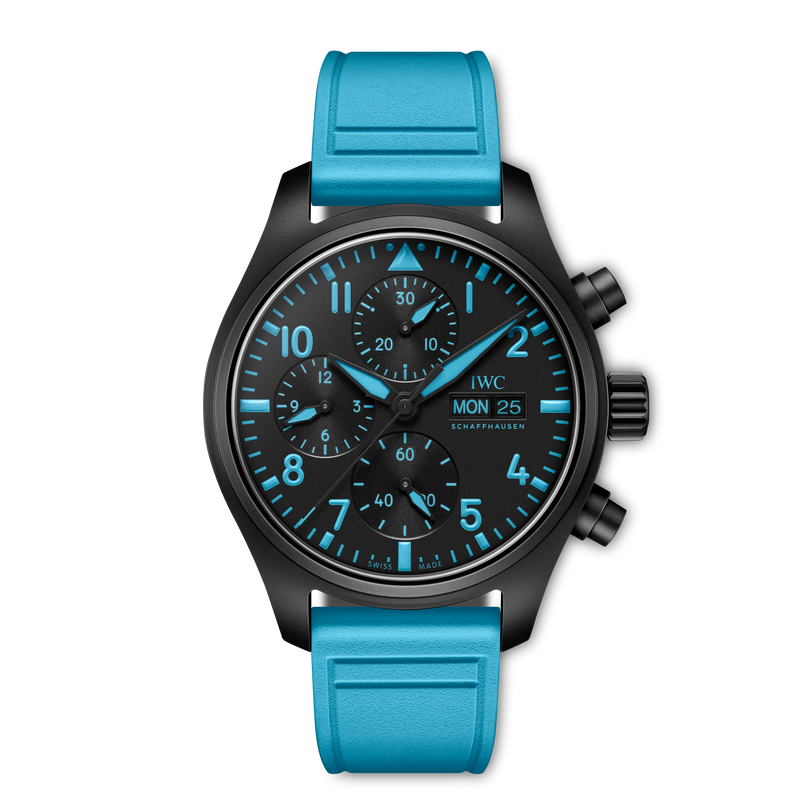 Wristwatch with blue strap and black dial on a white background