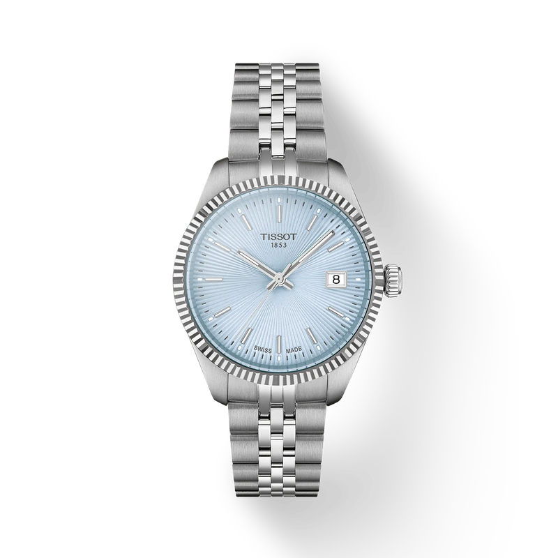 Silver Tissot watch with light blue dial on a white background