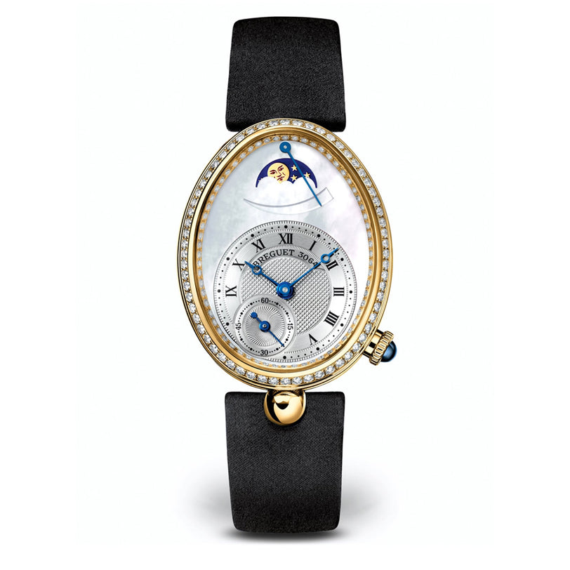 The Breguet Reine de Naples Phase de Lune 8908 features an oval case, diamond bezel, black strap, Roman numerals, moonphase subdial, and Breguet branding on a white background.
