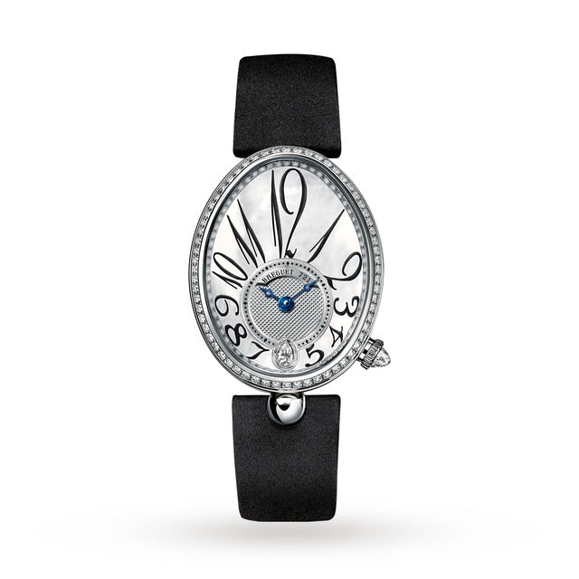 The Breguet Reine de Naples 8918 is a luxury oval-faced wristwatch with a diamond bezel, mother-of-pearl dial, black Arabic numerals, blue hands, and a black leather strap—a refined homage to Swiss watchmaking.