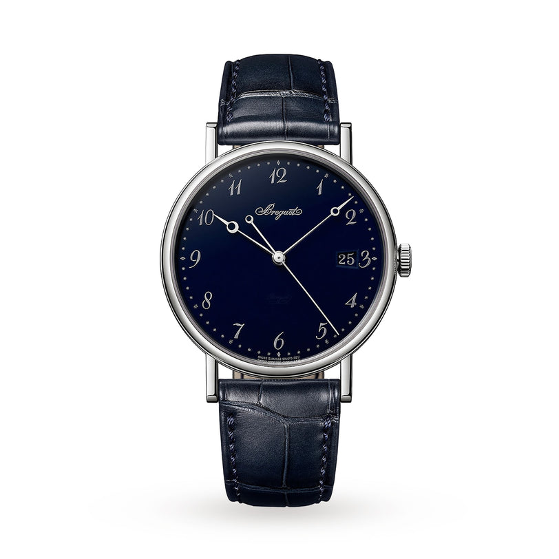 The Breguet Classique 5177 is a round watch with a blue dial, silver Arabic numerals, precise date at 3 o’clock, and an elegant blue leather strap—ideal for wristwatch enthusiasts.