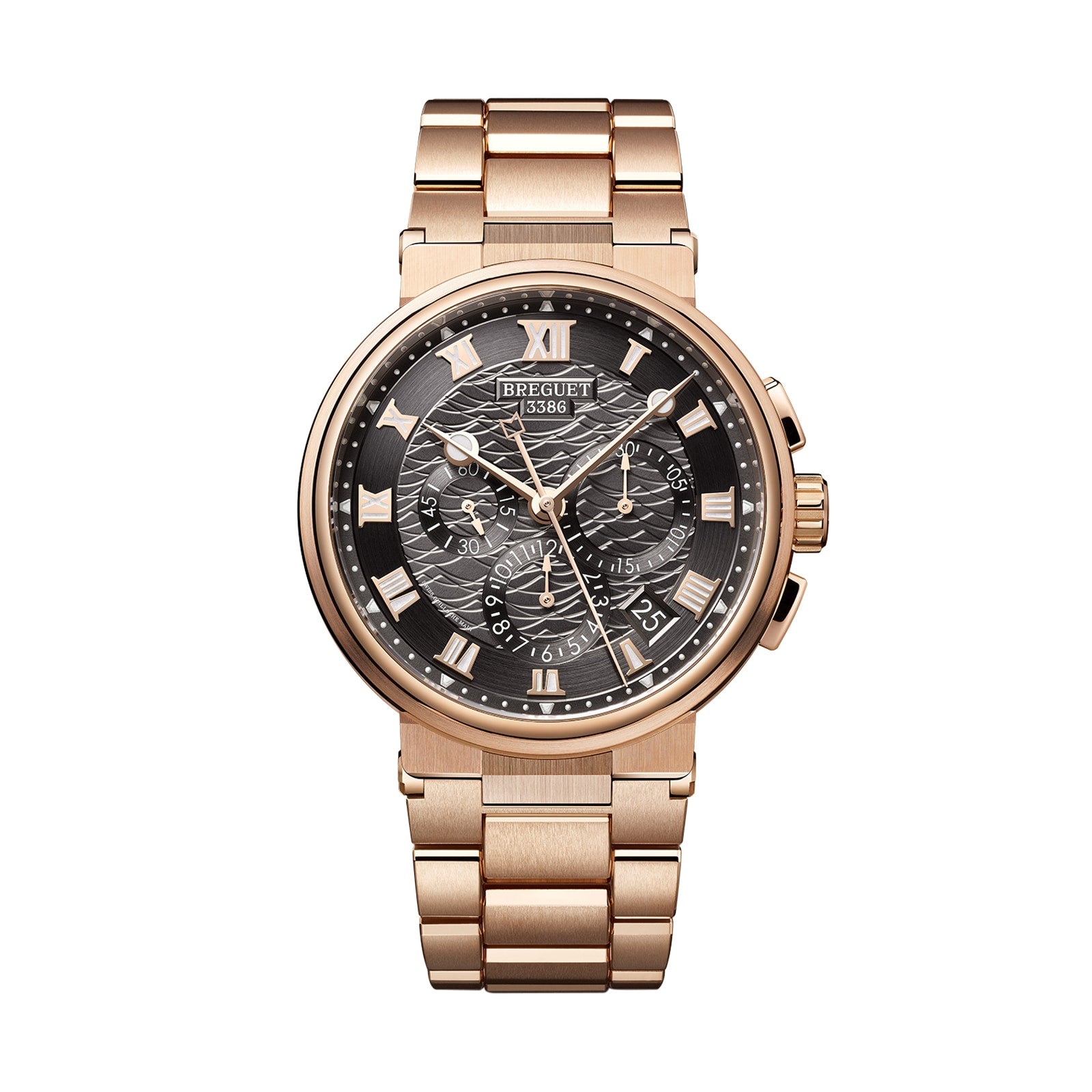 The Breguet Marine Chronographe 5527 is a rose gold analog wristwatch with a black textured dial, Roman numeral markers, chronometer-rated movement, three subdials, and a metal link bracelet.