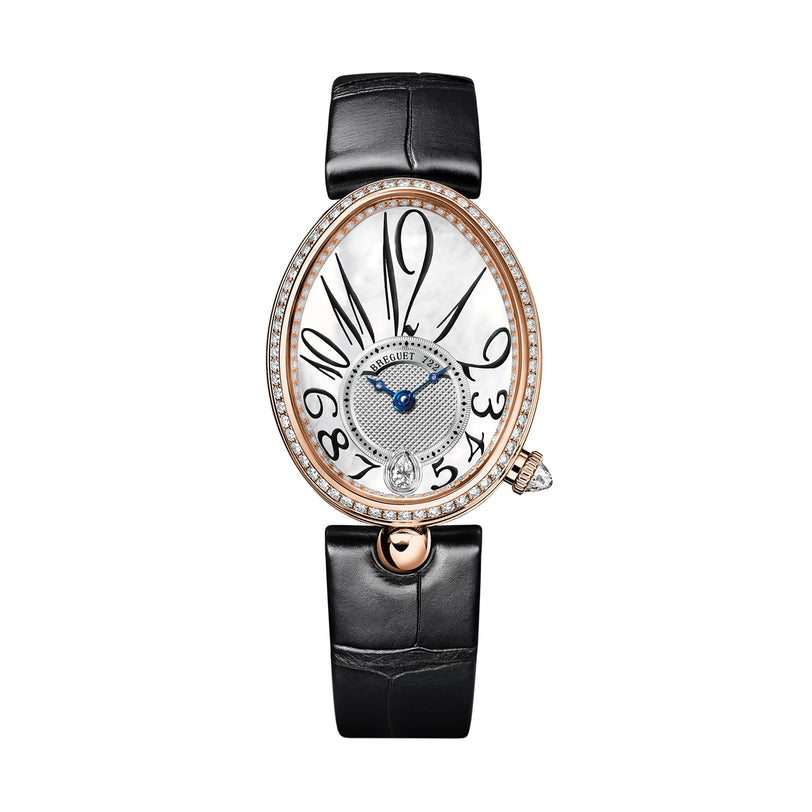 The Breguet Reine de Naples 8918 is a luxury bracelet watch with an oval face, black leather strap, diamond bezel, blue hands, and bold black numerals on a white dial for elegant feminine style.