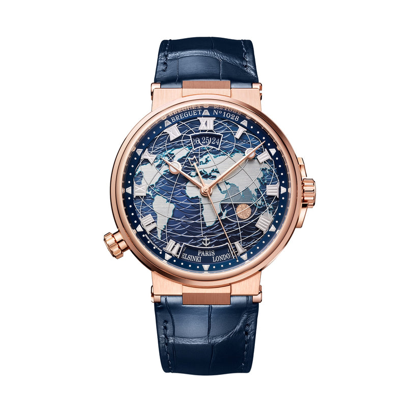 The Breguet Marine Hora Mundi 5557 is a luxury wristwatch with a blue world map dial, gold case, and blue leather strap, displaying multiple city time zones and inspired by classic Marine watches.