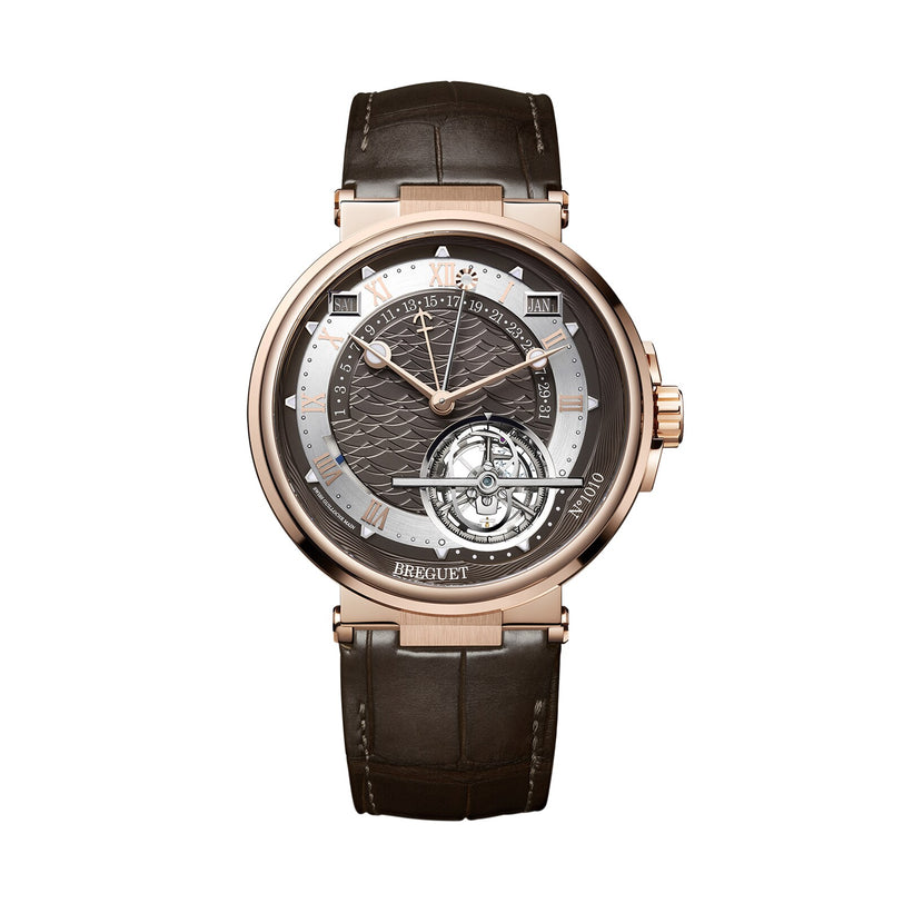 The Breguet Marine Tourbillon Equation Marchante 5887 is a luxury wristwatch with a rose gold case, brown leather strap, detailed dial with Roman numerals, tourbillon, and multiple subdials crafted by master chronometer makers.