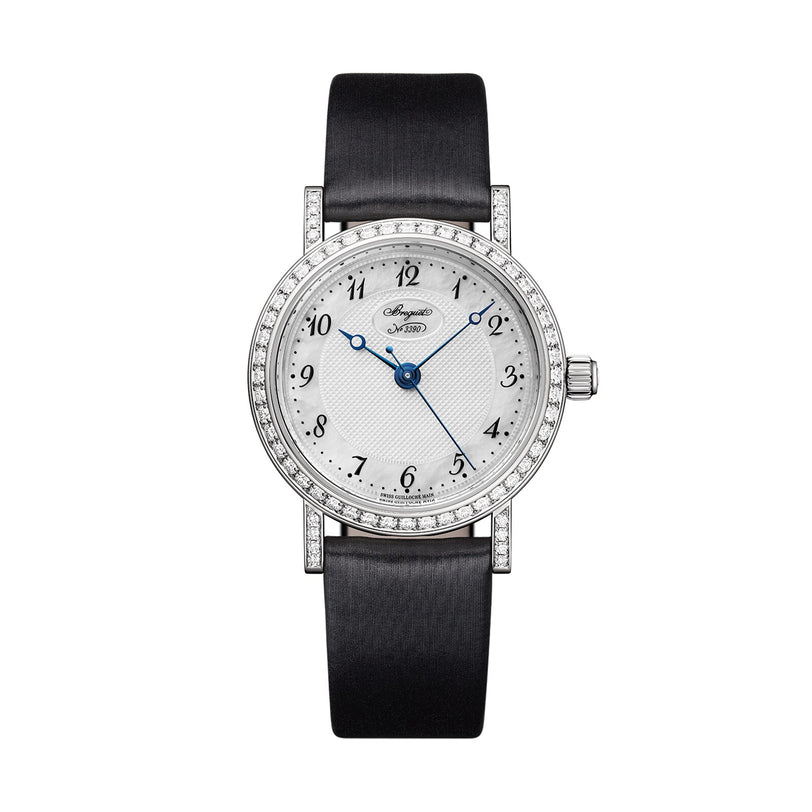 The Breguet Classique 8068 features a silver case, white dial, blue hands, Arabic numerals, diamond bezel, and a black leather strap displayed on a white background.