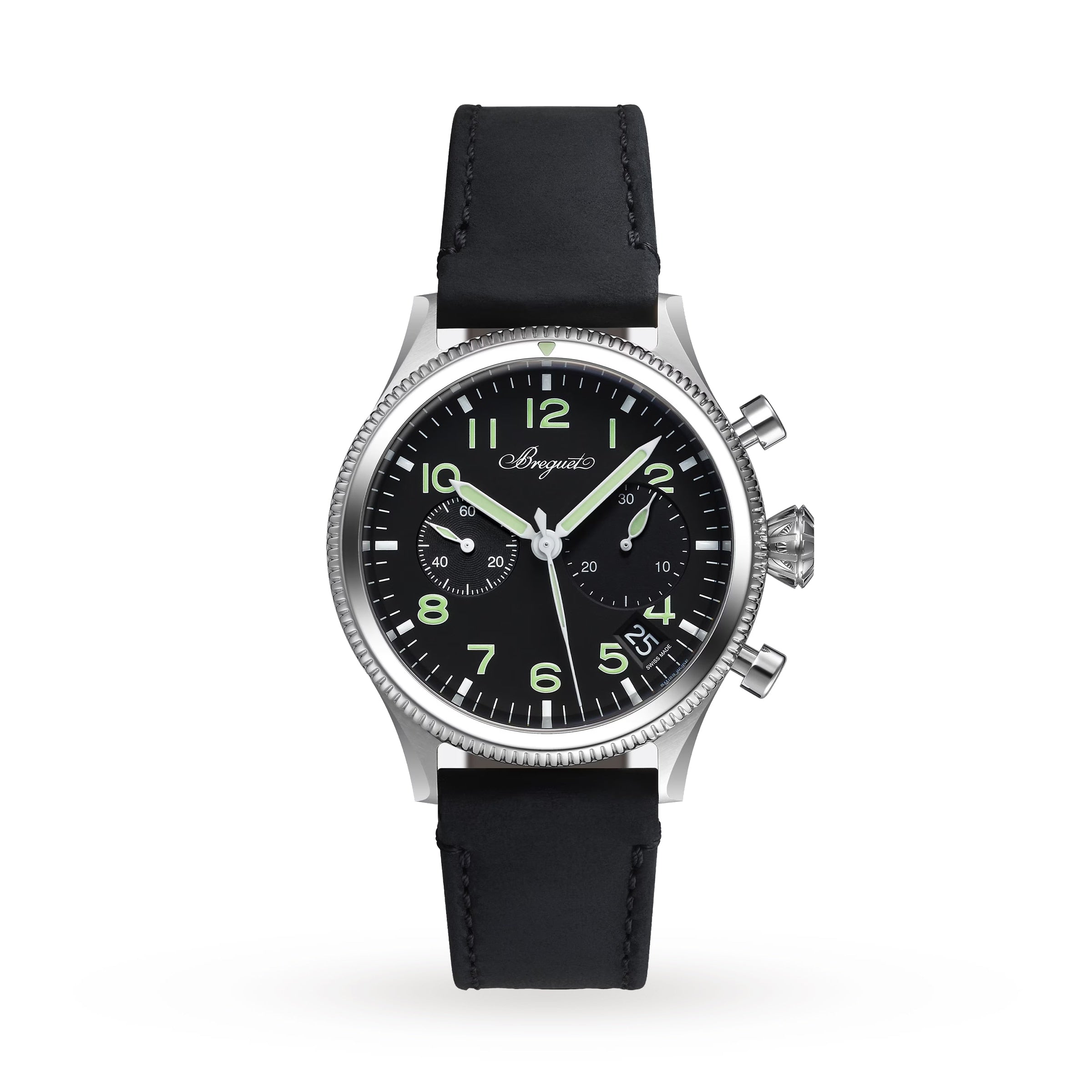 The Breguet Type 20 Chronographe 2057 features a black leather strap, black dial with luminous hands and numerals, silver case, two side pushers, self-winding movement, and displays the Breguet brand name on the dial.