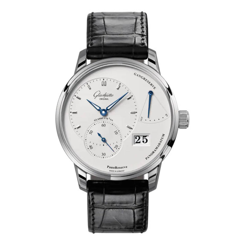 The PanoReserve by Glashütte Original is a luxury watch featuring a white dial, black leather strap, blue hands, date display, power reserve indicator, and two subdials—a modern piece from the esteemed Pano Collection.