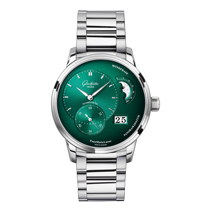The Glashütte Original PanoMaticLunar is a luxury silver wristwatch with a green dial, date display, moonphase, and subdials, on a metal bracelet.