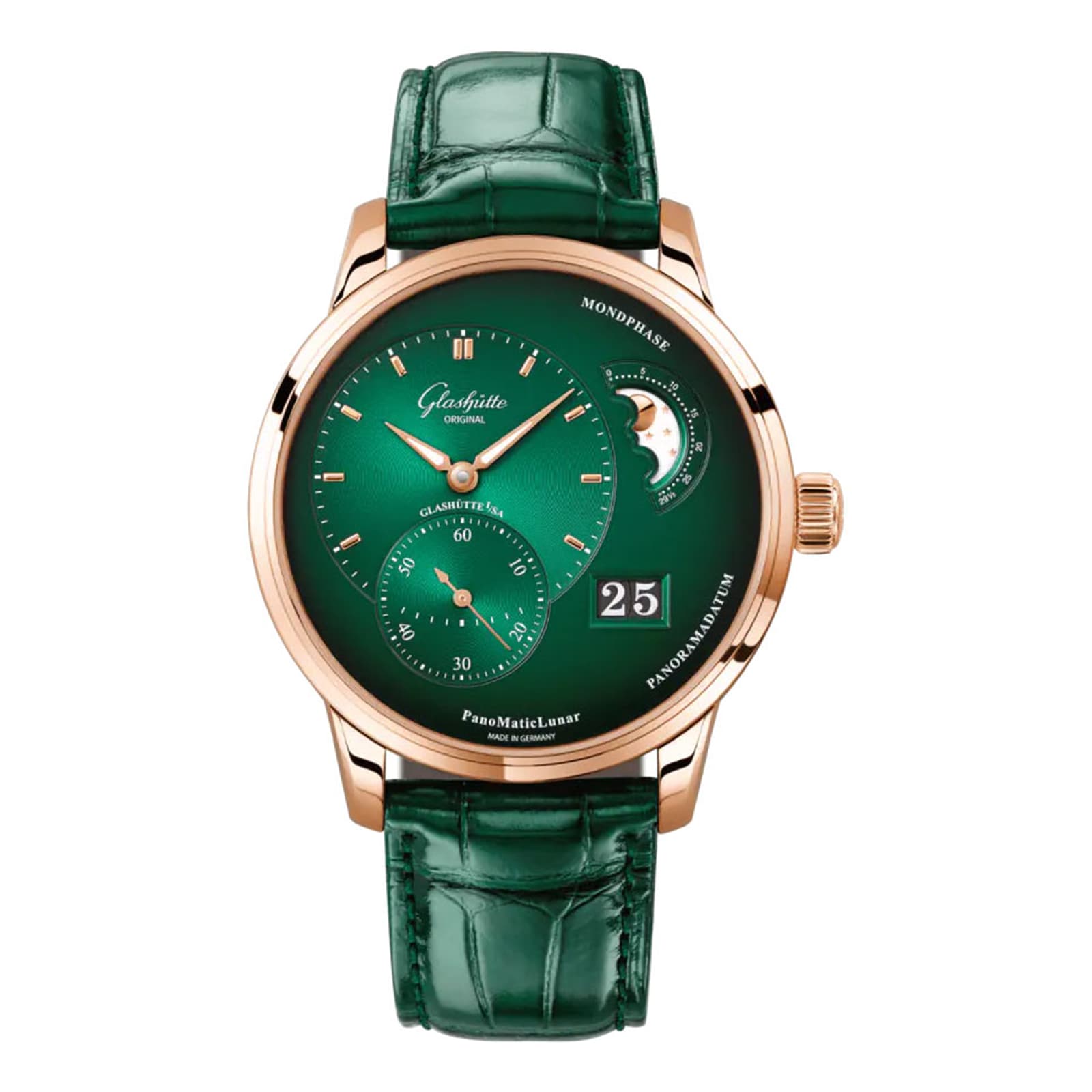 The Glashütte Original PanoMaticLunar is a luxury watch from the Pano Collection with a green dial, leather strap, rose gold case, date display, subdials, and moon phase—exemplifying German watchmaking excellence.