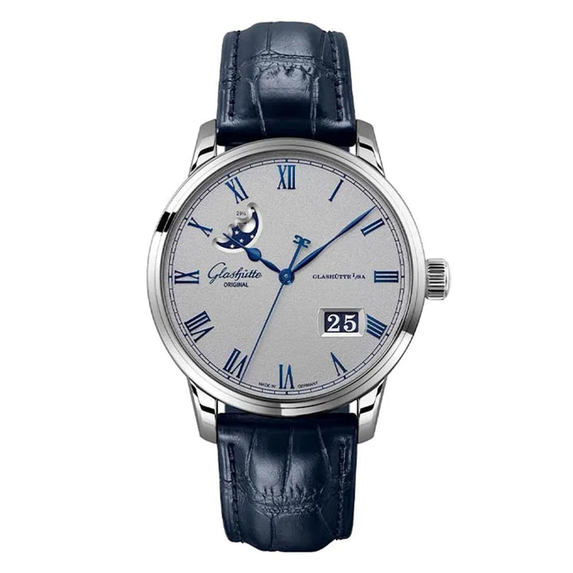 The Glashütte Original Senator Excellence Panorama Date Moon Phase features a silver analog dial with blue Roman numerals, moon phase display, date window, and a dark blue leather strap—exemplifying masterful German watchmaking.