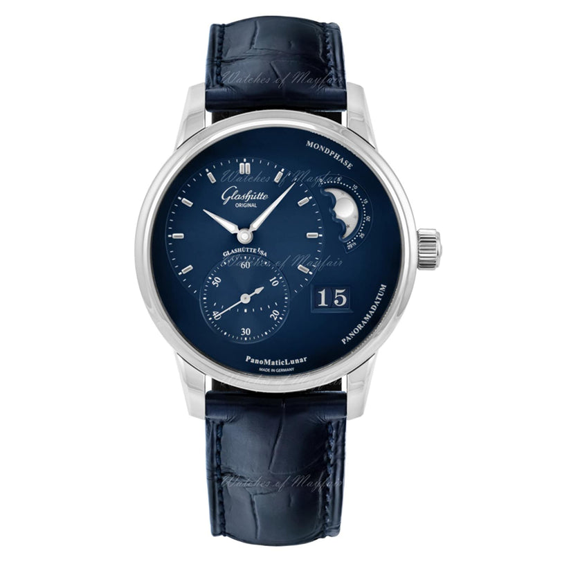 The Glashütte Original PanoMaticLunar is a luxury mens mechanical watch with a blue face, stainless steel case, moon phase, date window, subdials, and a blue leather strap. The brands name appears on the dial.