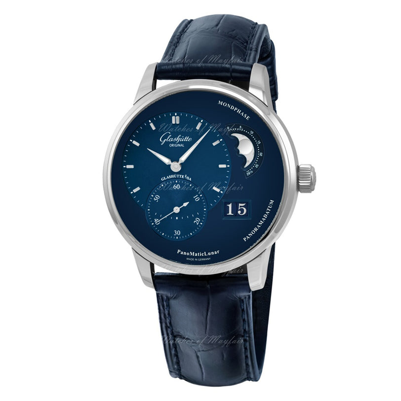 The Glashütte Original PanoMaticLunar is a luxury men’s watch with a blue leather strap, blue dial with off-center subdials, date display, and polished stainless steel case.