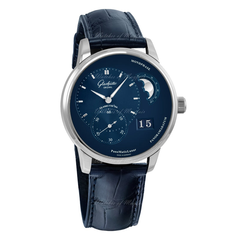 The PanoMaticLunar by Glashütte Original is a luxury men’s watch with a blue dial, moon phase display, off-center time, date window, black leather strap, and sleek stainless steel case.