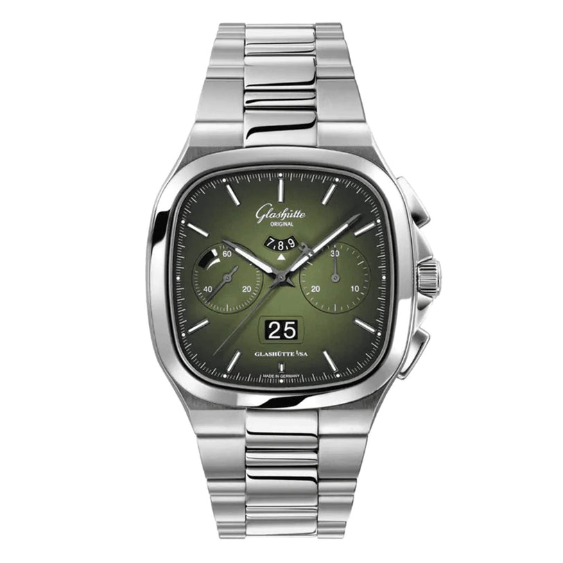 The Glashütte Original Seventies Chronograph Panorama Date features a stainless steel case, silver metal bracelet, olive green square dial, two sub-dials, and a date display.