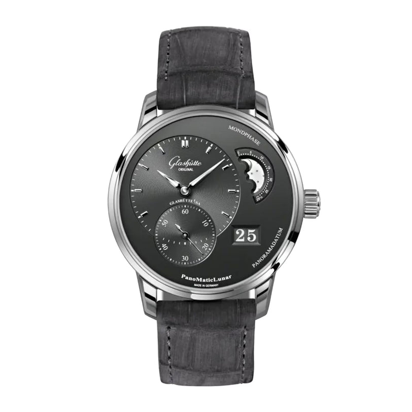 The Glashütte Original PanoMaticLunar is a luxury hand-crafted timepiece with a grey leather strap, black dial, off-center time display, date window, power reserve indicator, and small seconds subdial in a refined stainless steel case.