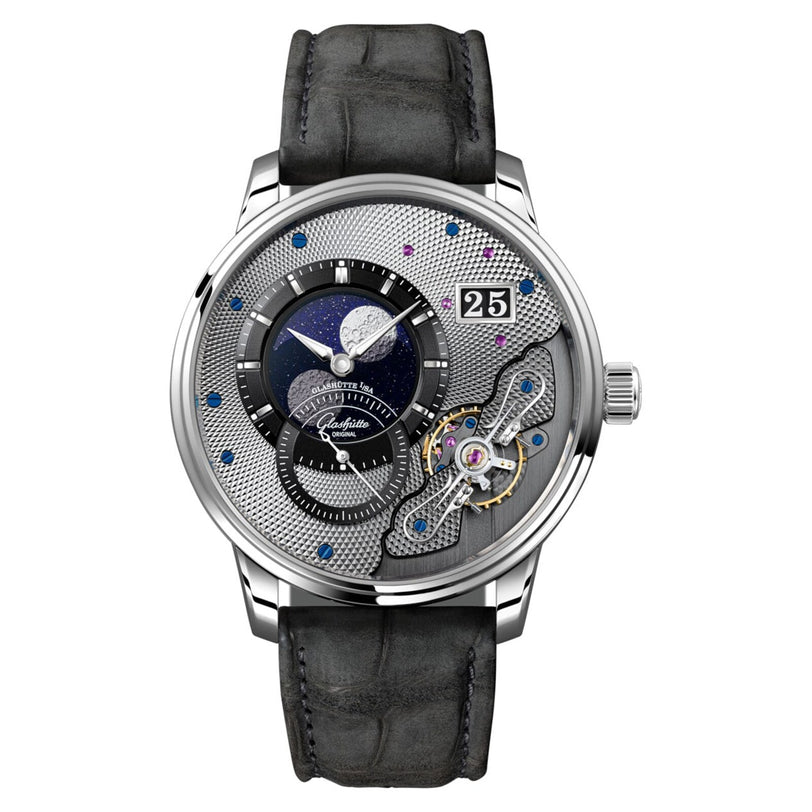 The Glashütte Original PanoLunarInverse features a black leather strap, textured silver dial, moonphase display, open balance wheel, and a large date window at 2 o’clock—a true masterpiece from the Pano collection.