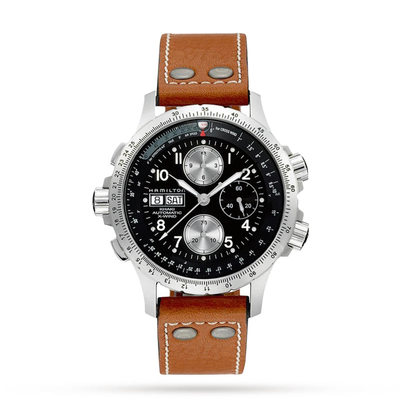 The Hamilton Khaki Aviation X-Wind Auto Chrono is a stainless steel pilot’s watch featuring a black dial, brown leather strap, automatic movement, three subdials, and a day-date display.