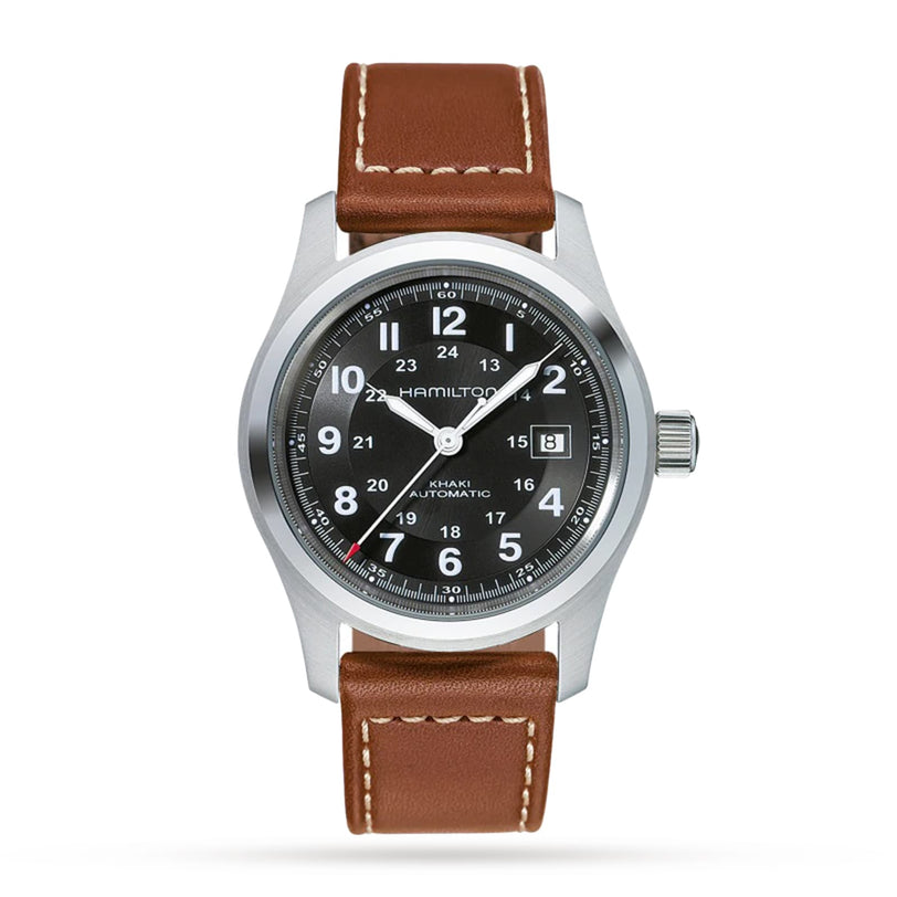 The Hamilton Khaki Field Auto features a brown leather strap, silver case, black dial with white numerals, date window at 3 o’clock, and is powered by the H-10 automatic caliber with an impressive power reserve.