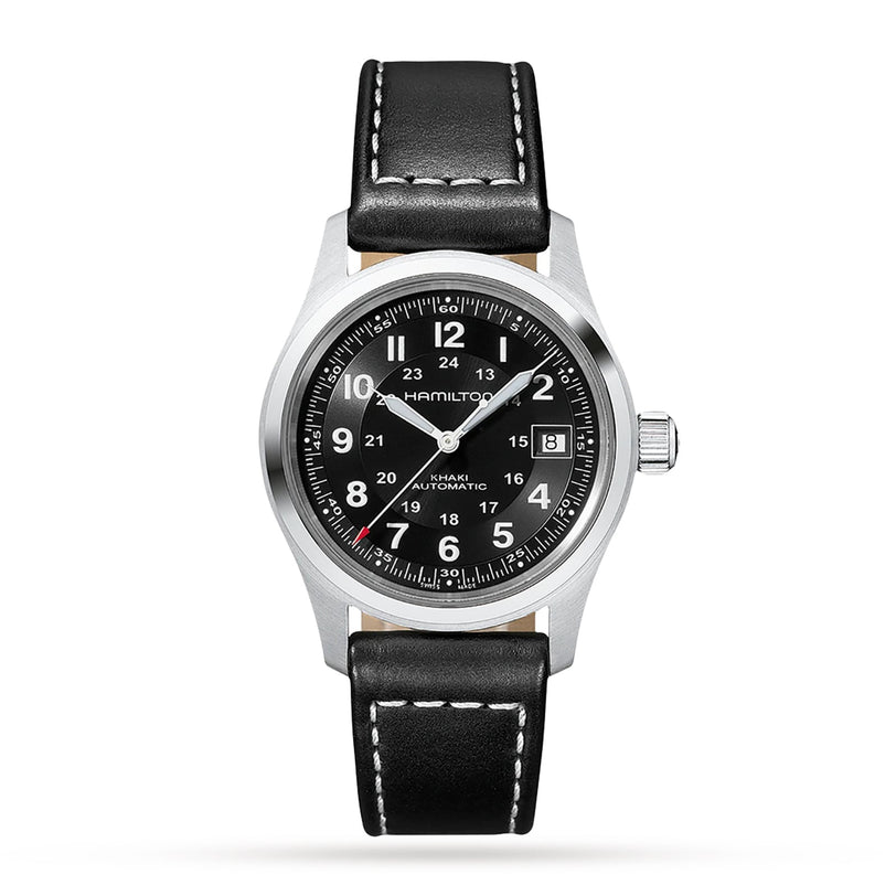 The Hamilton Khaki Field Auto is a rugged, military-inspired stainless steel watch with a black leather strap, black dial featuring white Arabic numerals, a date window at 3 o’clock, and classic details for everyday wear.