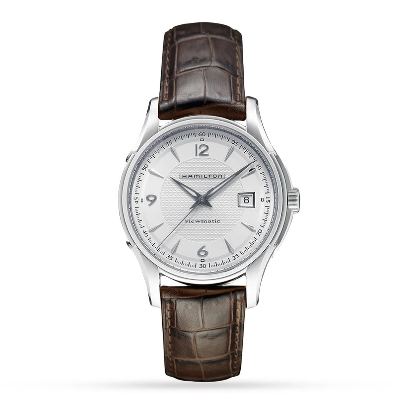 The Hamilton Jazzmaster Viewmatic Auto wristwatch features a silver case, white dial, date display at 3 o’clock, and brown leather strap—highlighting fine craftsmanship against a plain white background.