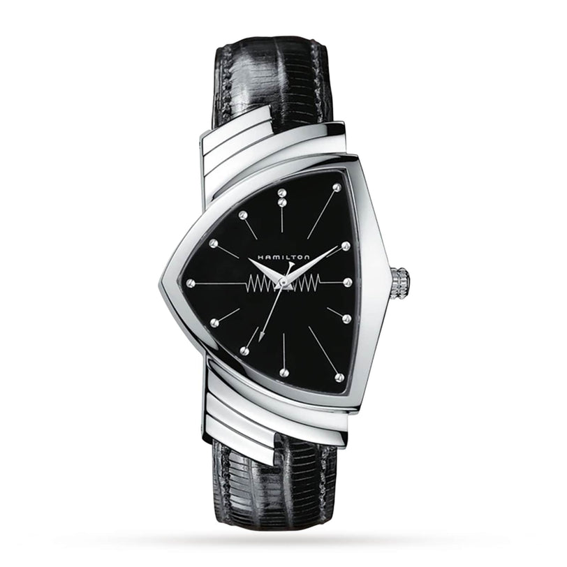 The Hamilton Ventura Quartz wristwatch features a black triangular dial, silver hour markers, and a black leather strap, embodying iconic Mid-Century Modern design.