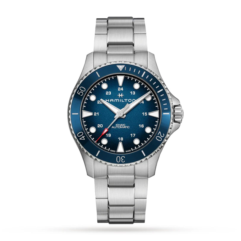 The Hamilton Khaki Navy Scuba Auto features a stainless steel case, blue dial with white markers, date display, and metal bracelet—perfect for those who want an aquatic-inspired high performance wristwatch.
