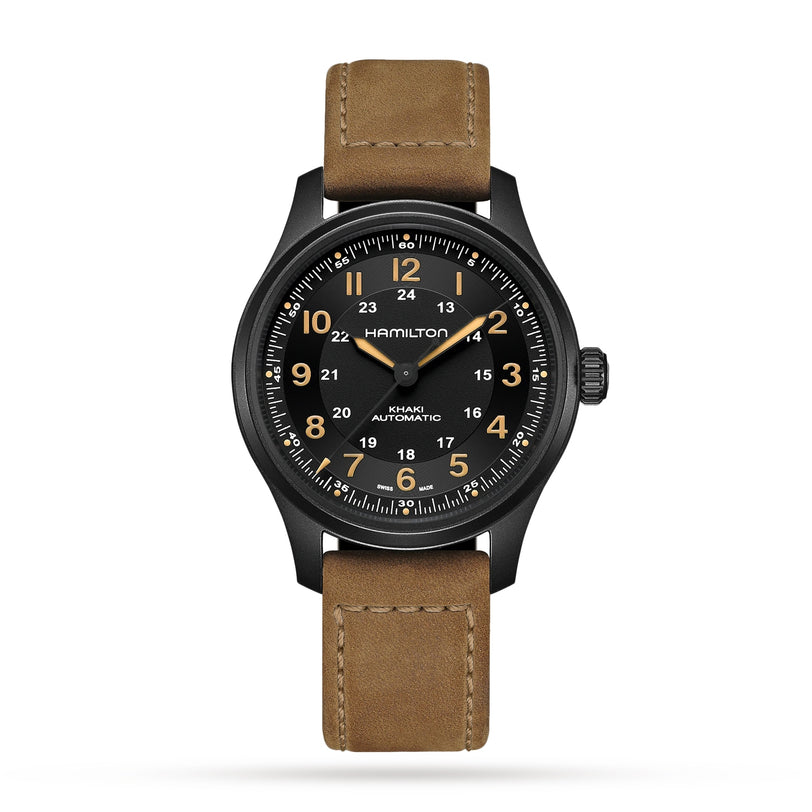 The Hamilton Khaki Field Titanium Auto wristwatch features a black dial, yellow numerals, black case, and brown leather strap, highlighting its classic military-inspired design on a white background.