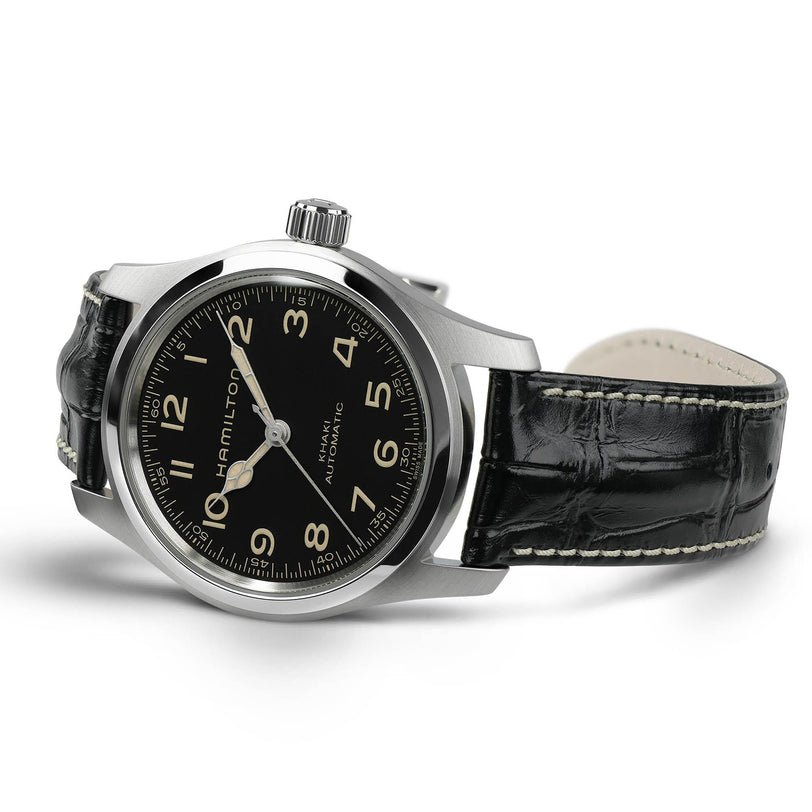 The Hamilton Khaki Field Murph Auto features a black leather strap, black dial with Arabic numerals, and silver hands, inspired by the Interstellar watch. Shown against a plain white background—a true collectors item.