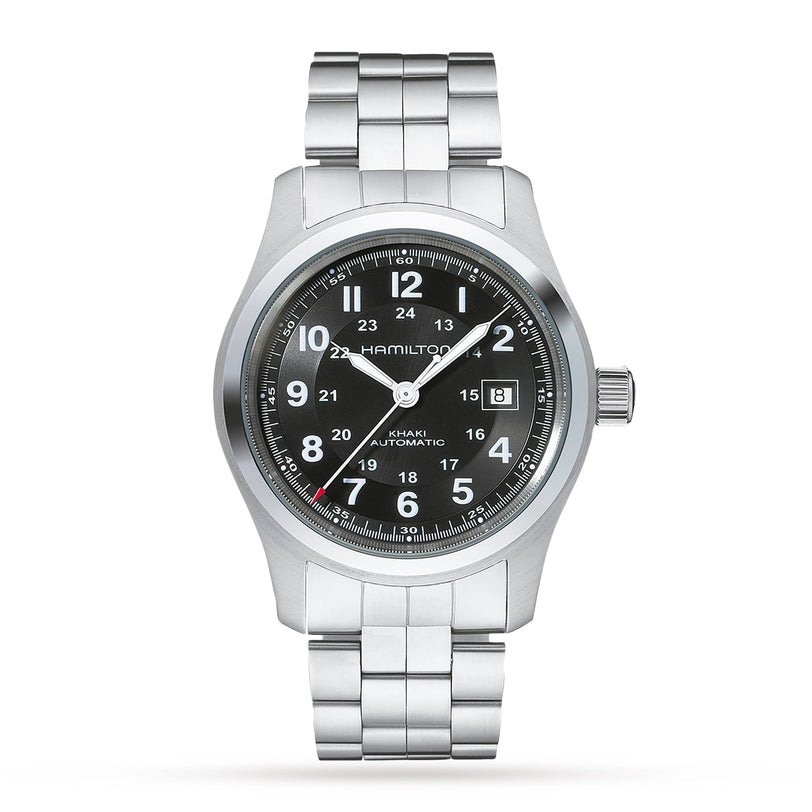 The Hamilton Khaki Field Auto wristwatch features a stainless steel case, black dial with white numerals, date window at 3 o’clock, link bracelet, H-10 automatic movement with an 80-hour power reserve, shown on a white background.