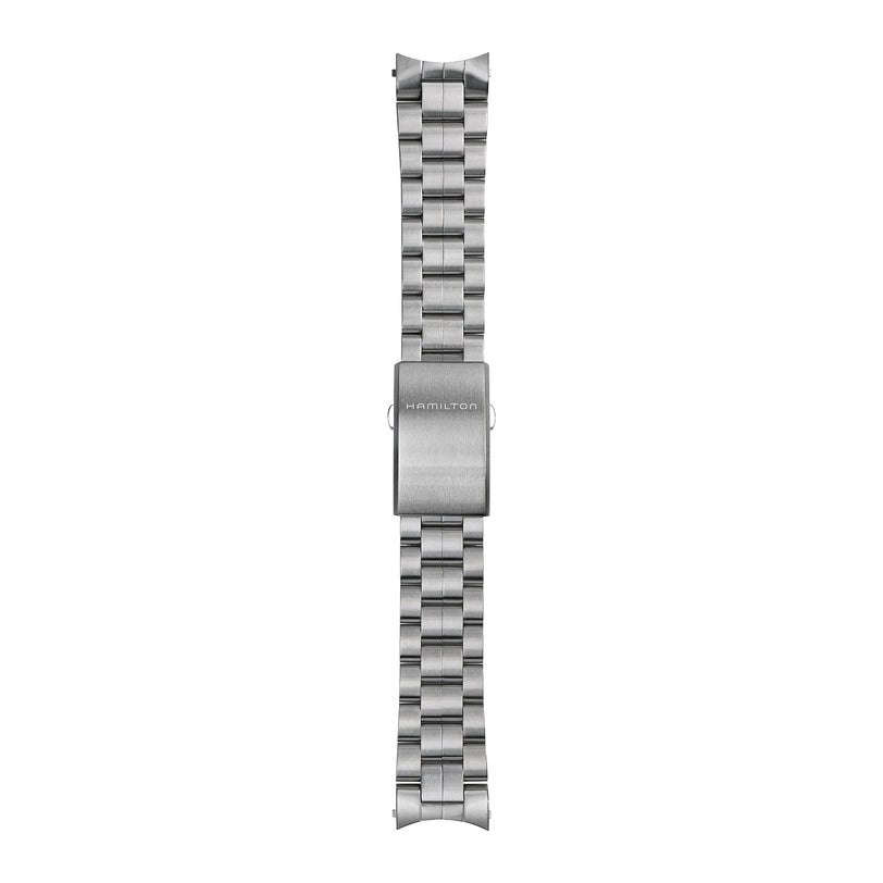 Silver brushed metal watch band with a fold-over clasp engraved Hamilton, designed to complement the Khaki Field Auto and its H-10 automatic caliber.
