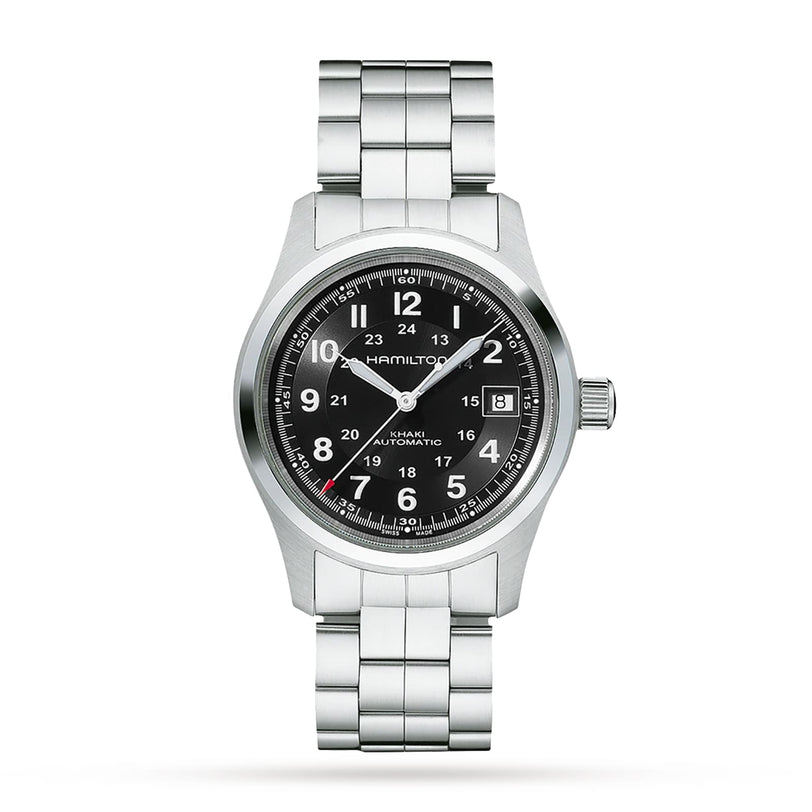 The Hamilton Khaki Field Auto is a stainless steel military-inspired wristwatch featuring a black dial with white numerals, date at 3 oclock, and a silver metal bracelet band, powered by an automatic movement.
