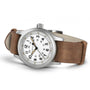 The Hamilton Khaki Field Mechanical, featuring a white dial, black numerals, and a brown leather strap, is showcased against a plain background, embodying classic military heritage.