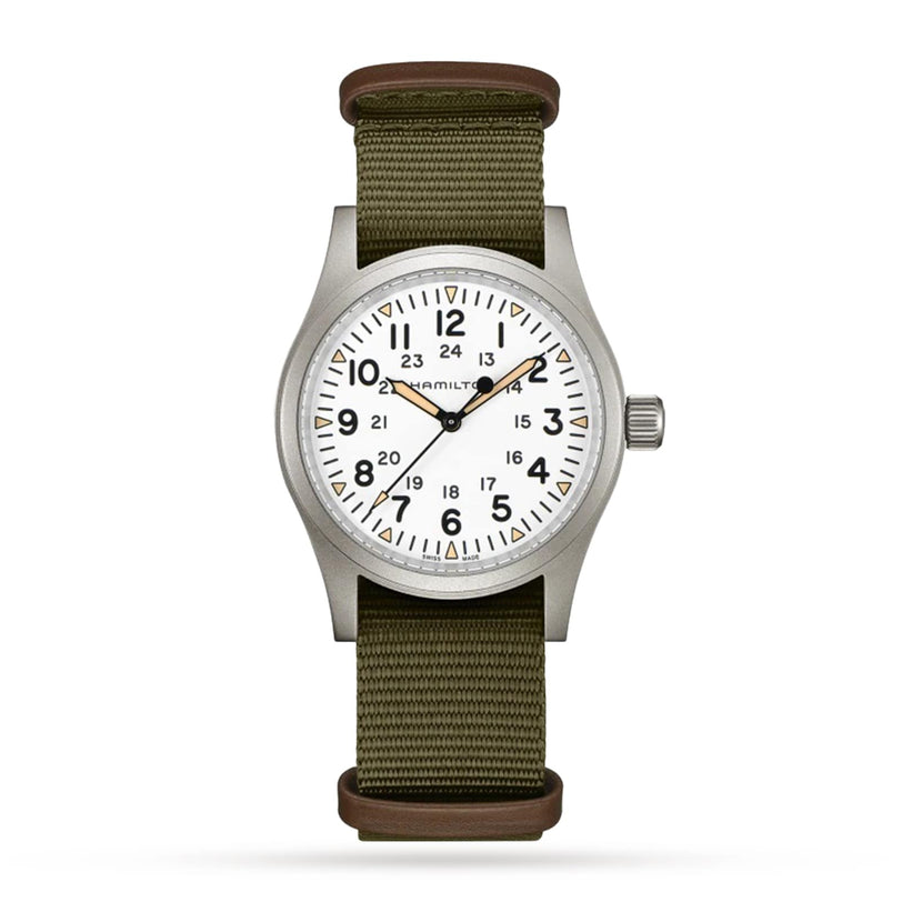 The Hamilton Khaki Field Mechanical is a silver watch featuring a white face, black numerals, and an olive green fabric strap.