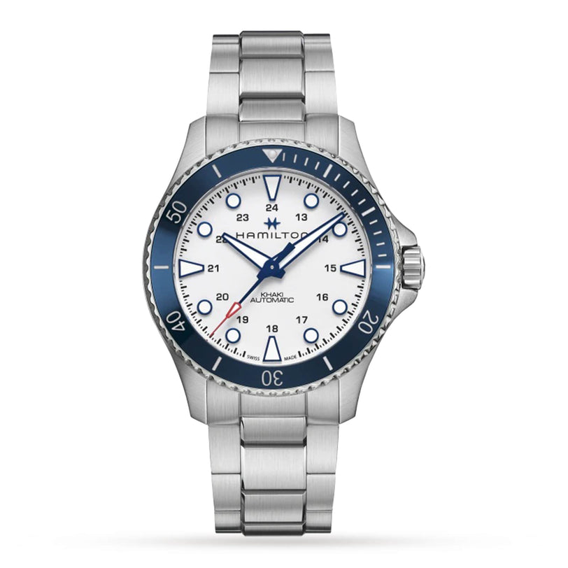 The Hamilton Khaki Navy Scuba Auto features a stainless steel case, white dial, ceramic blue bezel, silver hour markers, and metal bracelet—ideal for capturing summer’s maritime spirit with standard and 24-hour time display.