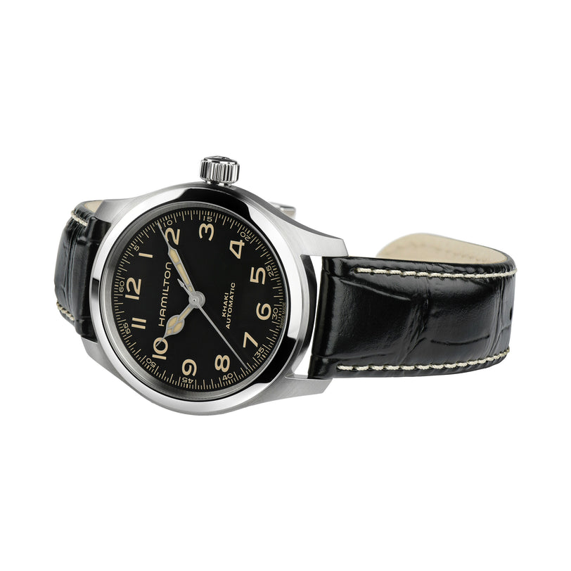 The Hamilton Khaki Field Murph 38mm wristwatch features a black leather strap, black dial with Arabic numerals, automatic movement, and is shown at an angle on a white background.